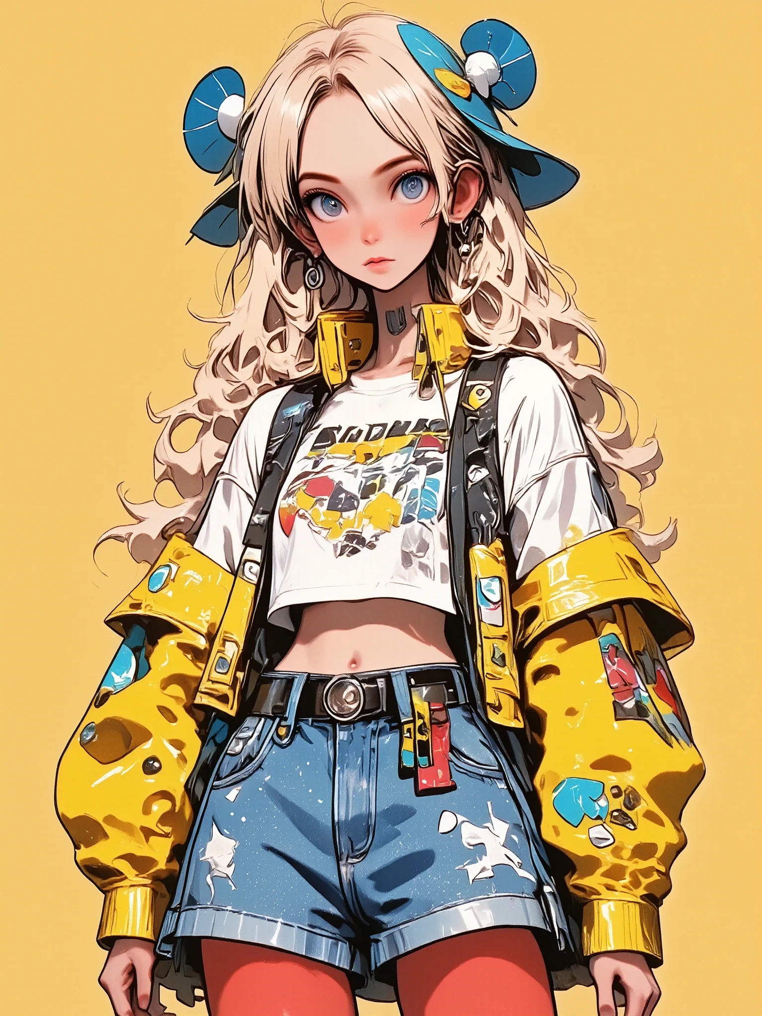 unreal-engine:1.4,Ultra-realistic CG 64K , photorealistic :1.4,  skin texture:1.4, tmasterpiece:1.4, cyberpunk style ， Beautiful woman wearing a hat ，jeans，Long White Hair、Pantalones cortos  cyberpunk style  de color amarillo, red stockings , The miniskirt is blue,