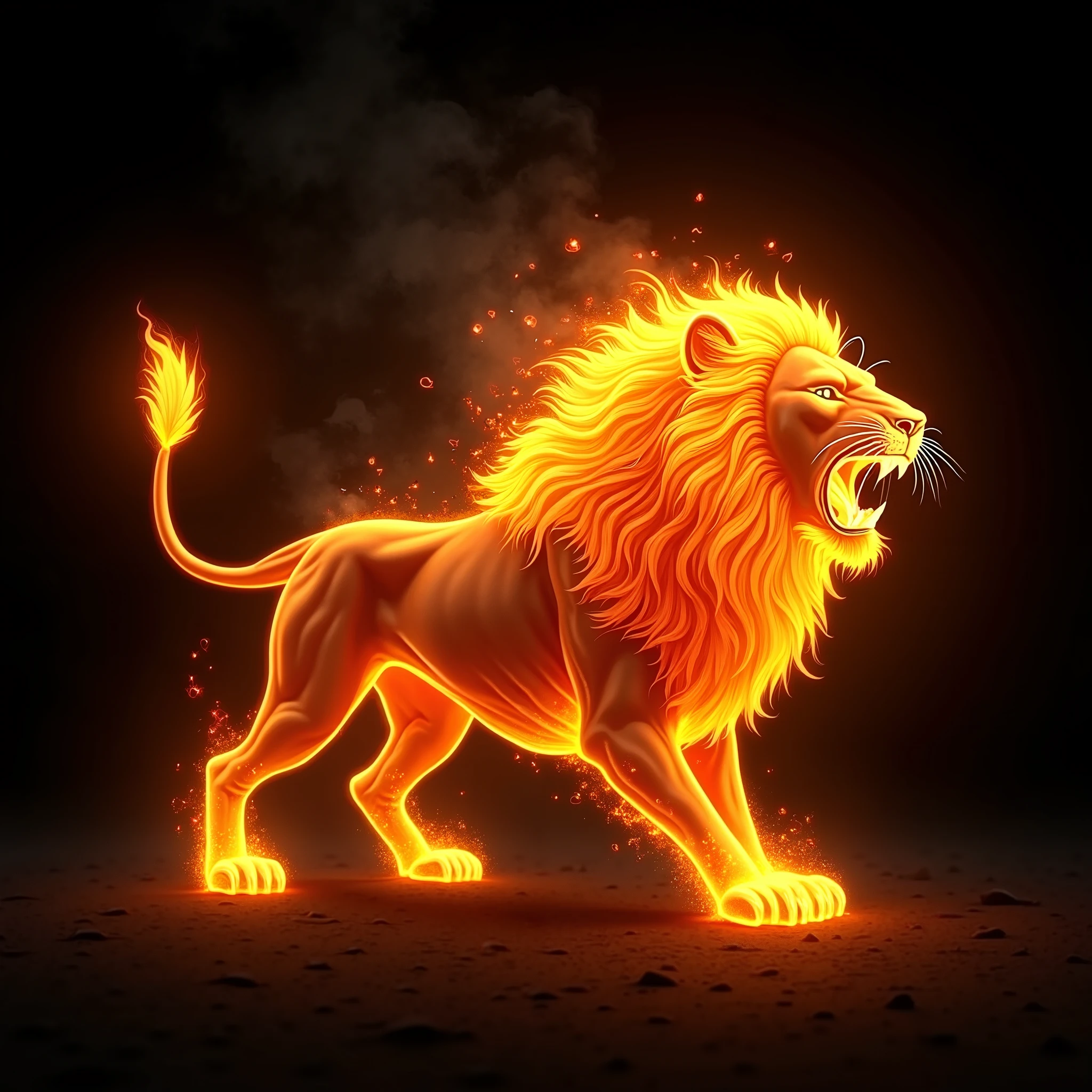 roaring lion designed from bright fire flame black background 