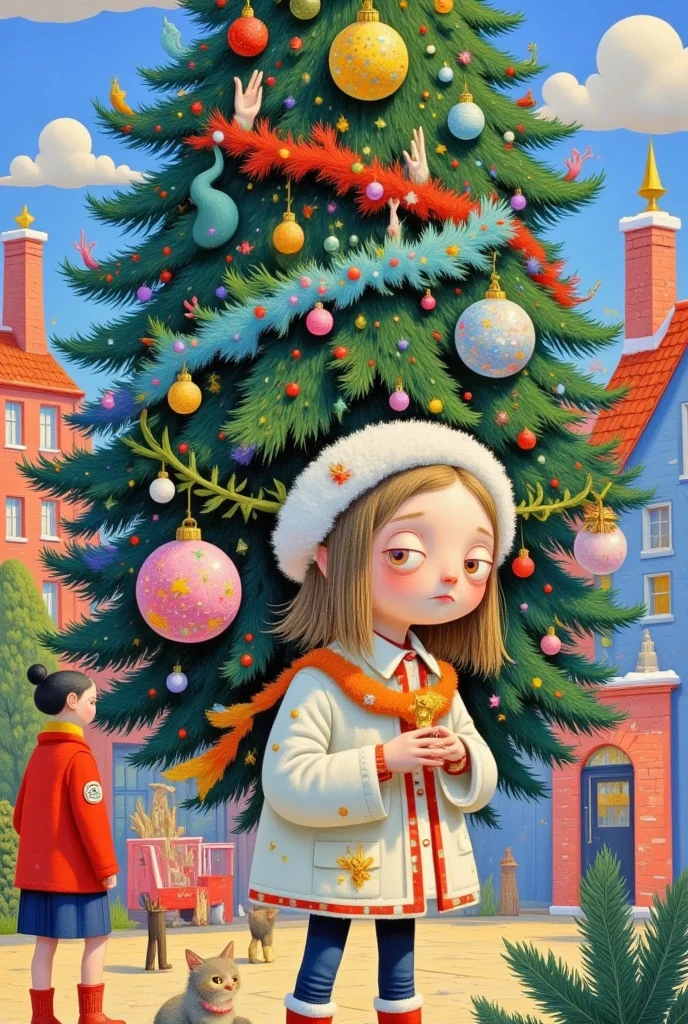  a painting of a girl with a Christmas tree hanging on her head,  by Victor Nizovtsev , author：Qingdao Chiho, Magic Tree,  was inspired by Jacek Yerka , author：Inoue Naohisa , Illustration Art,  magical realism bizarre art,  Yamagata Hiroshi , author Jung Park, author：Nobutada Yanagawa