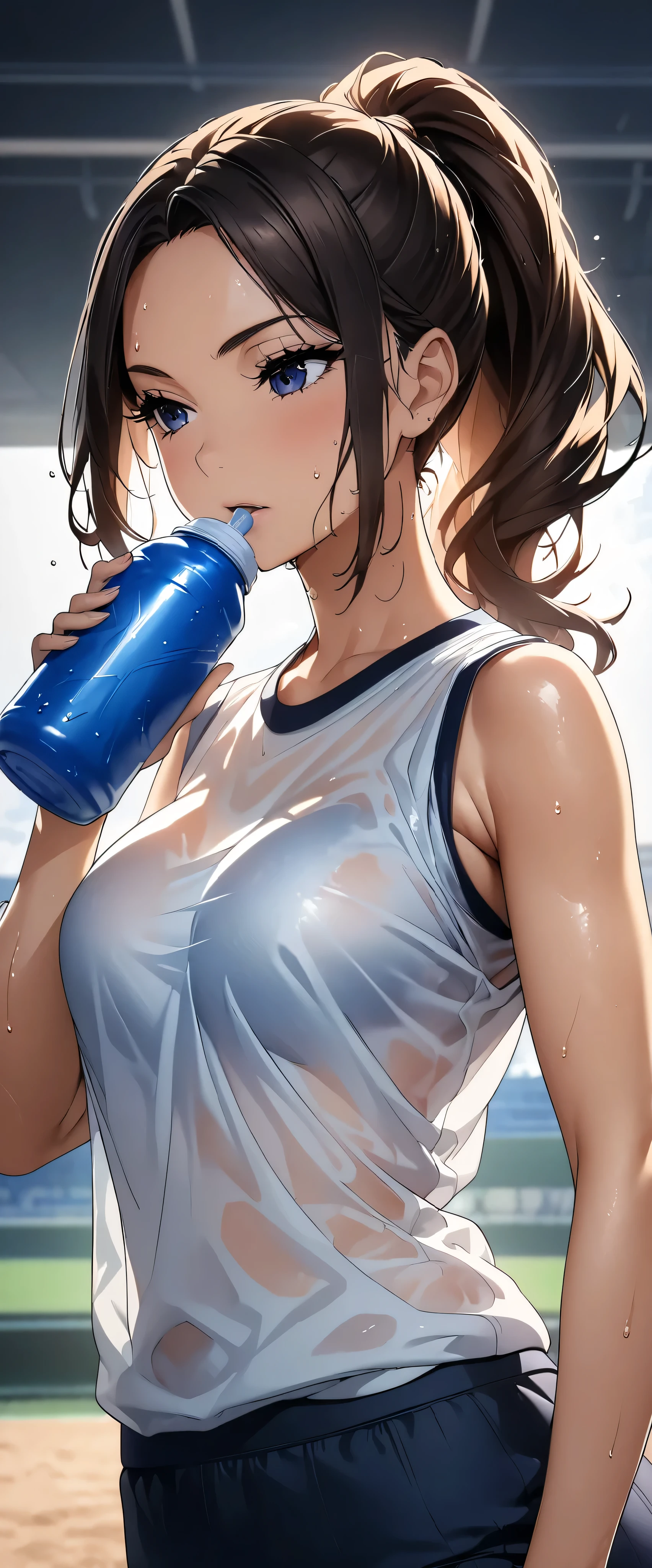 (((masterpiece)))、(( top quality ))、( super detailed )、(CG illustration)、(Very beautiful woman))、 cinematic light 、((1 Female))、 、(Beautiful and luxurious:1.2)、( One Woman :1.3)Sports Stadium,,((Japanese white sleeveless gym clothes), wet with sweat ,Beautiful ponytail,(Drink a sports drink),Her clothes are see-through and her bra is visible