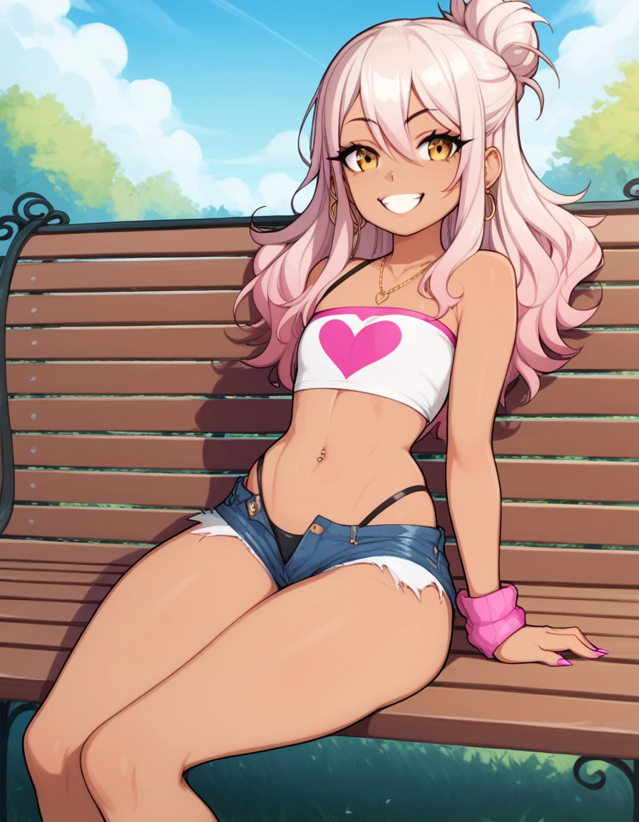 1girl,solo,smile,outdoor,midriff, pink tube top, denim hotpants, open fly, beld, gyaru clothes, thighighs,sitting,bench, chloe,dark_skinned_female,dark_skin,long_hair,pink_hair,yellow_eyes,hair_between_eyes,white_hair,bangs,flat chest,,half_updo,one_side_up, young girl, (loli:1.3), (afrobull), slender waist, nice hips, slut