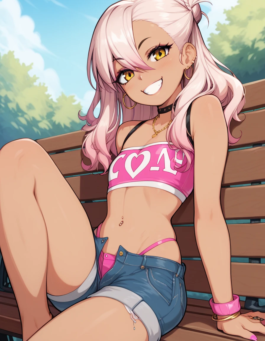 1girl,solo,smile,outdoor,midriff, pink tube top, denim hotpants, open fly, beld, gyaru clothes, thighighs,sitting,bench, chloe,dark_skinned_female,dark_skin,long_hair,pink_hair,yellow_eyes,hair_between_eyes,white_hair,bangs,flat chest,,half_updo,one_side_up, young girl, (**li:1.3), (afrobull), slender waist, nice hips, slut