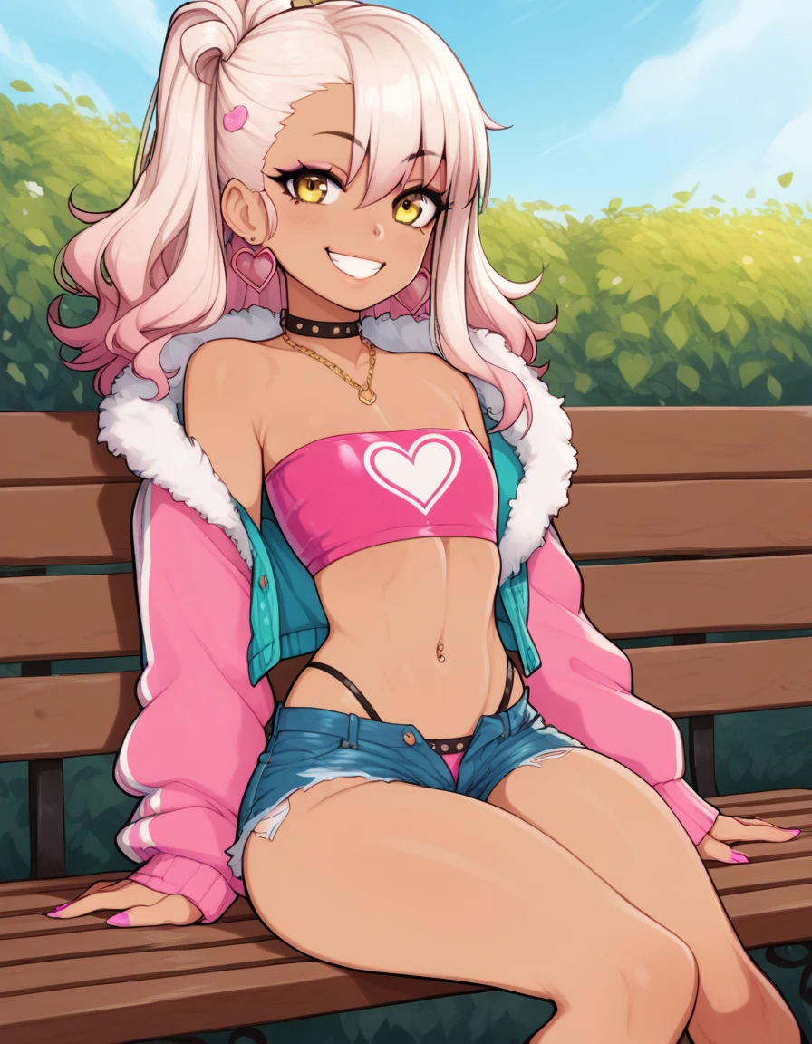 1girl,solo,smile,outdoor,midriff, pink tube top, denim hotpants, open fly, beld, gyaru clothes, thighighs,sitting,bench, chloe,dark_skinned_female,dark_skin,long_hair,pink_hair,yellow_eyes,hair_between_eyes,white_hair,bangs,flat chest,,half_updo,one_side_up, young girl, (loli:1.3), (afrobull), slender waist, nice hips, slut