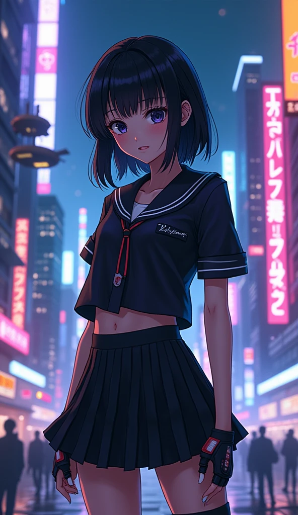 masterpiece, best quality, 1girl, short hair, bangs, red eyes, skirt, looking at viewer, night, street, neon, looking back, star \(sky\), crowd, upper body