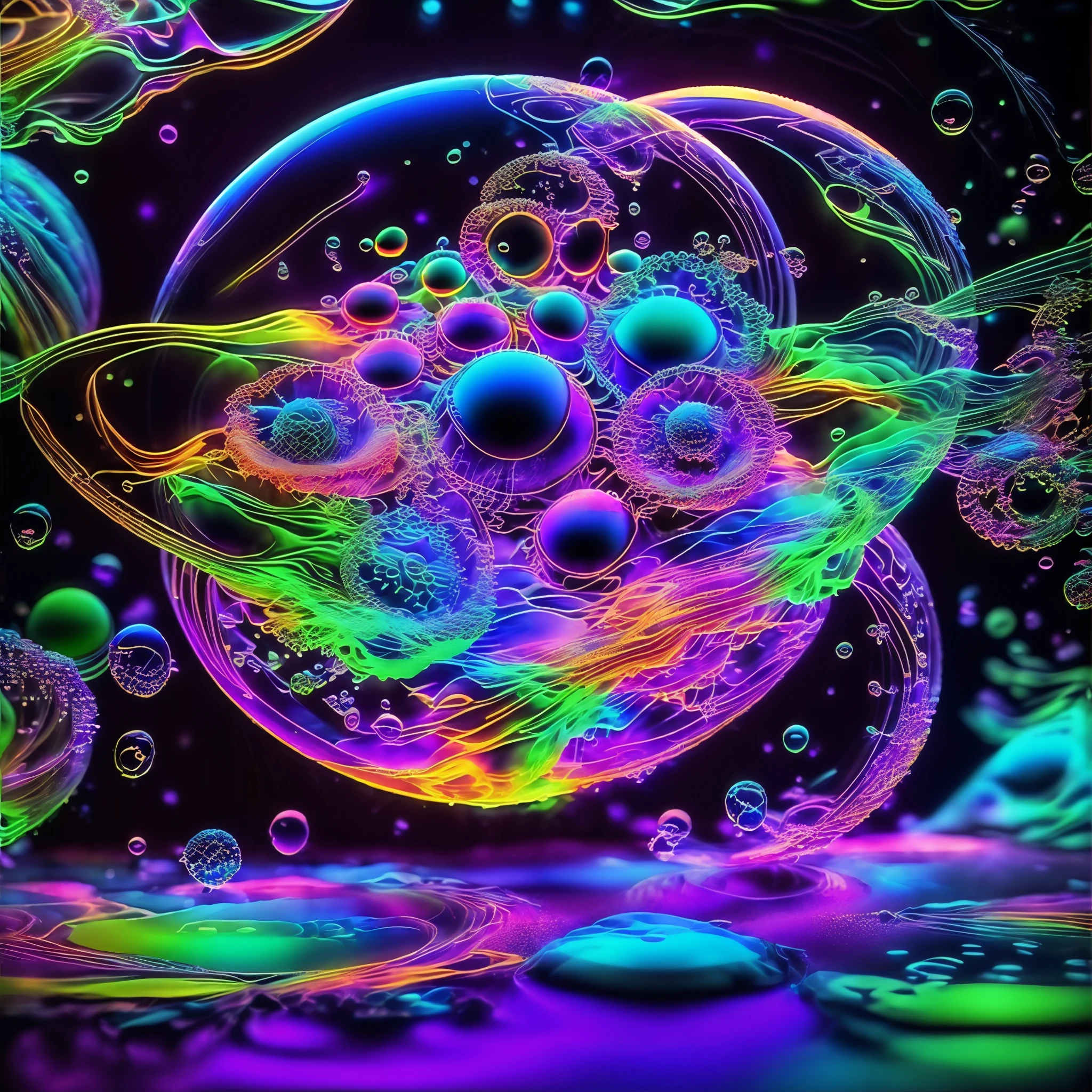 A close up of beautiful bubbles floating on top of each other, LSD, DMT imagery. GlowingNightmare, smile, neon colors, glowing, GlowingRunes_pink, GlowingRunes_green, GlowingRunes_paleblue, psychedelic droplets of water, abstract liquid, and intricate rainbow art. octane render, black 3d fluid simulation,  ethereal bubbles, swirling liquids, and highly detailed, octane render, reflective rainbow bubbles, twisted colors inside of glass spheres, Psilocybin Dream inside an amazing image of light emerging from colors in a shimmering glass morphing out of colors, bright neon and fluorescent colors,very bright, vibrant colors, perfectly formed and symmetrical reflective bubbles and spheres, attention to detail with these beautiful bubbles and spheres, Extreme Hallucinations in a gorgeous piece of  psychedelic digital artwork, Stunning, pixel art, tripped out colors, 4d mandelbulb psychedelics, glass like psychedelic landscape, intricate rainbow environment, psychedelic underwater brightness and glow with neon colors, glowing colors twist inside of translucent glass spheres and bubbles with light and color reflecting off of both in bright fluorescent colors, psychedelic trip, fluorescent and neon aesthetic, psychedelic vibrant colors, bright psychedelic paint splattered backgrounds,swirling spirals and vortex, bright vibrant colors popping out from 3d glass spheres, Rotational Symmetry, Pixel Assets, Portrait photography, Surrealism, Photorealistic, Hyperdetailed, Glass Morphism, Digital Art, Sparkle, Optical Illusion, Glowing Light, Reflective Light, Overexposure, Backlighting, Depth Of Field, Spheres and bubbles show perfect Symmetry, UHD, High Details, High Quality, Super Detailed, Full Focus, Awe inspiring, Shockingly unique wallpaper art, Breathtaking, Indescribably Beautiful, Heaven sent images, Best Quality, Award Winning, Masterpiece. psychedelic droplets of water, abstract liquid, and intricate rainbow art. octane render, black 3d fluid simulation,  