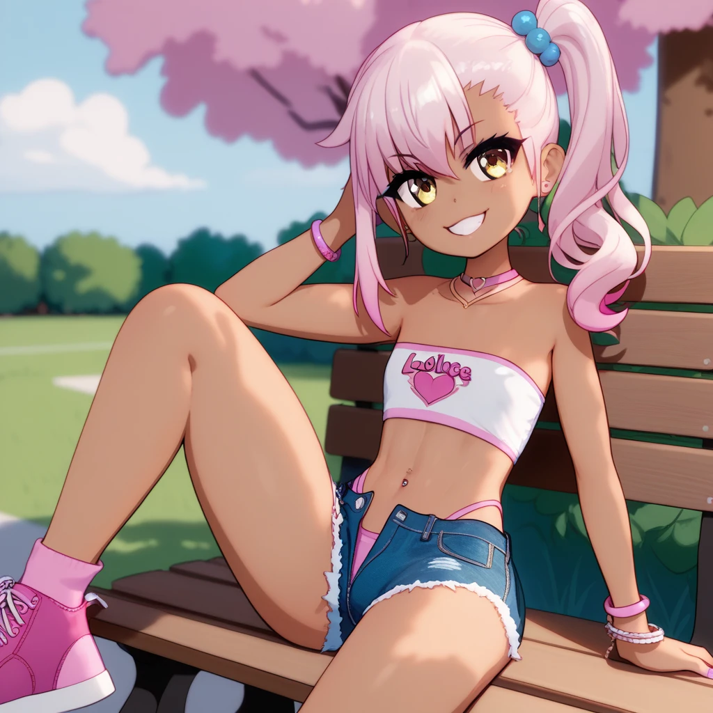 1girl,solo,smile,outdoor,midriff, pink tube top, denim hotpants, open fly, beld, gyaru clothes, thighighs,sitting,bench, chloe,dark_skinned_female,dark_skin,long_hair,pink_hair,yellow_eyes,hair_between_eyes,white_hair,bangs,flat chest,,half_updo,one_side_up, young girl, (li:1.3), slender waist, nice hips, slut, side ponytail, cameltoe,