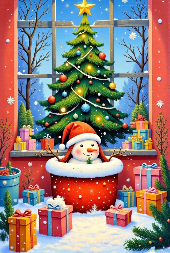 oil painting illustration： Christmas，It was snowing outside the window，A colorful Christmas stocking and an adorable snowman placed inside a christmas tree on a surface covered with snow. The christmas tree is adorned with a bright red bow,adding a splash of vivid color to the scene. The background is a soft red,creating a warm and festive atmosphere. High quality,high resolution,photorealistic,detailed,vibrant colors,winter holiday theme,cheerful,cozy,artistic representation.。rough brushstrokes and texture