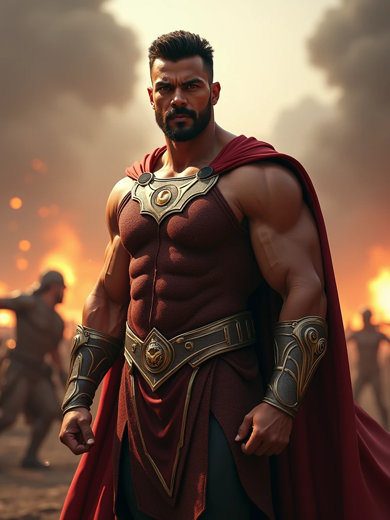 ((artwork)) ((body completo)) ((Full body inside the image)) ((30 year old man)) body: brownish skin, high, muscular, ((body hair)) ((platinum ruby hair)) male face, barbarian, pretty eyes, detailed eyes ((gold eyes)). Expression: seductive, sonrisa seductive. CLOTHES: Red Greek Cape, TOGA BLANCA, gold ornaments, greek prince ornaments. pose: dynamic. scene: greek temple, Greek columns. Decor: winter, Decor de winter brillante, wonderful lighting.