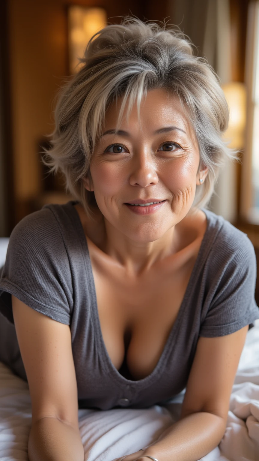 (((old milf granny))), jap, Smirk, (T_shirt), off_shoulder, ((HD, 8K, perfect-quality, perfect-detail)), ((crawl on all fours, sitting)), sagging wrinkled boobies, in bed