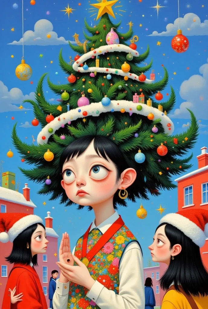  a painting of a girl with a Christmas tree hanging on her head,  by Victor Nizovtsev , author：Qingdao Chiho, Magic Tree,  was inspired by Jacek Yerka , author：Inoue Naohisa , Illustration Art,  magical realism bizarre art,  Yamagata Hiroshi , author Jung Park, author：Nobutada Yanagawa