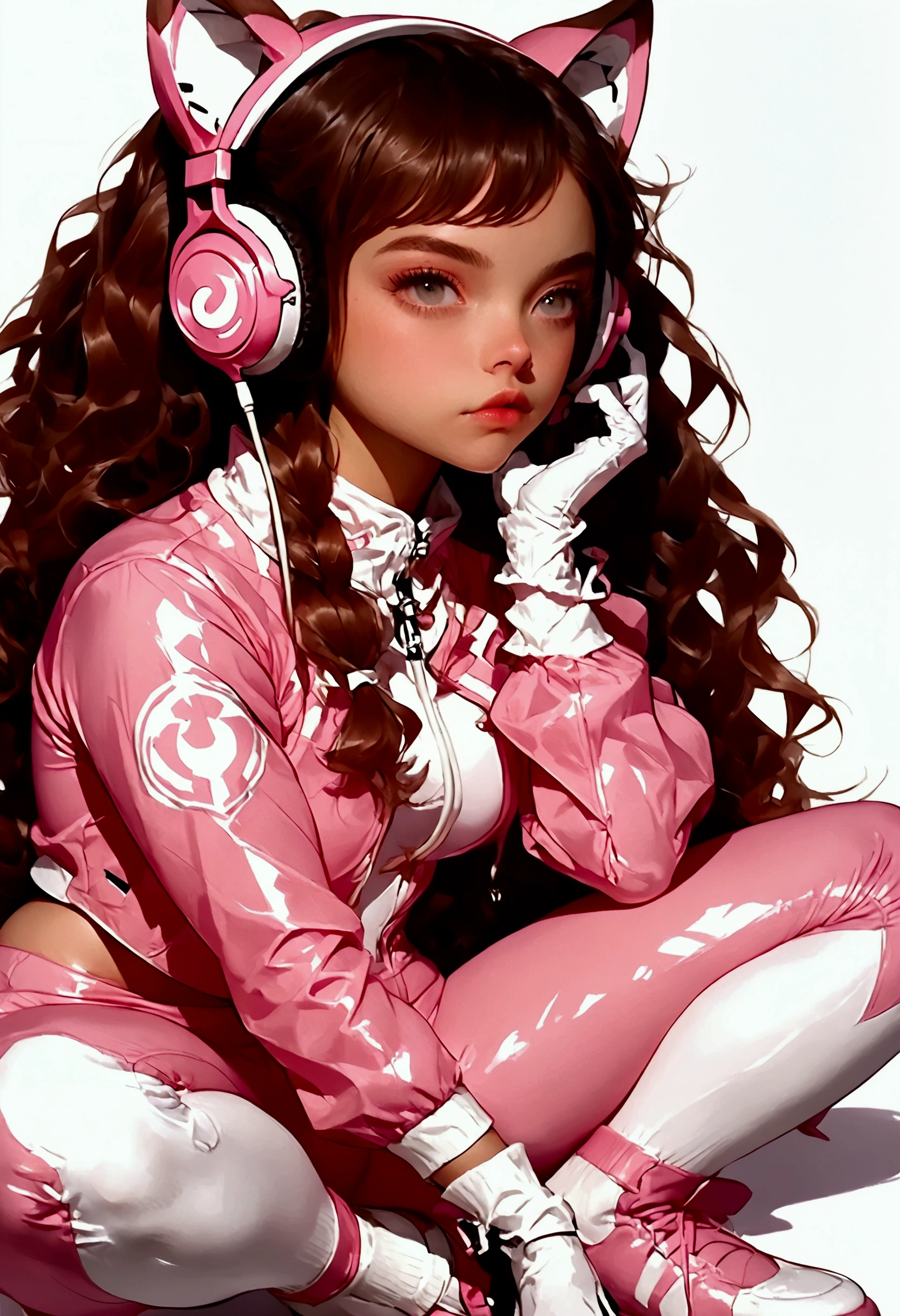 A woman wearing an Alicia  ,   wears a tight pink bodysuit and a short pink jacket with long sleeves and two-tone gloves.,   cosplay costume and white socks and white cosplay shoes  ,   has long hair with two pink pigtails with animal ear headphones  