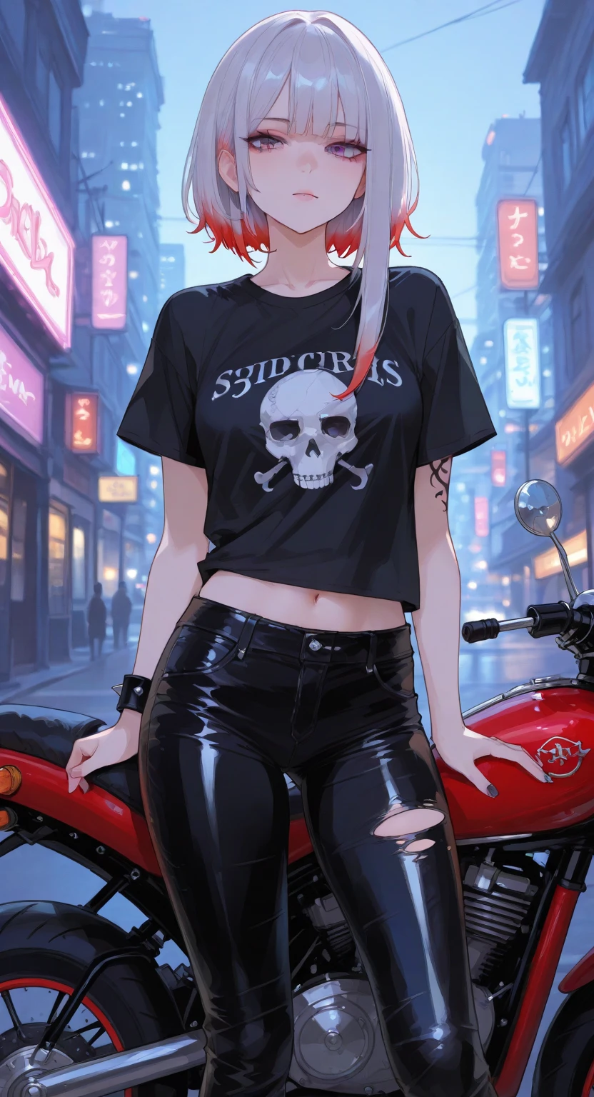 A Goth Punk woman riding a vintage motorcycle under a neon-lit cityscape. She is dressed in a torn band T-shirt, leather pants with silver chains, and studded arm cuffs. Her hair is dyed fiery red with shaved sides, and her face is marked with temporary tattoos of gothic symbols. The motorcycle features custom skull motifs, and the city lights cast vibrant reflections on her gear and bike, enhancing the rebellious aesthetic.