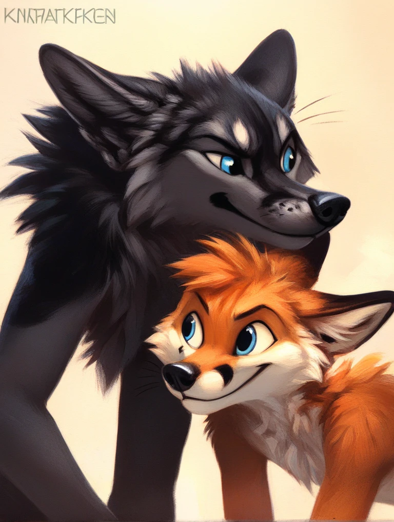 score_9, score_8_up, score_7_up, source_furry, rating_safe, by kenket, anthro, duo, male/male, wolf, black body, blue eyes, fox, orange body, doggy style, legs, disappointment, frustration, fullbody portrait
