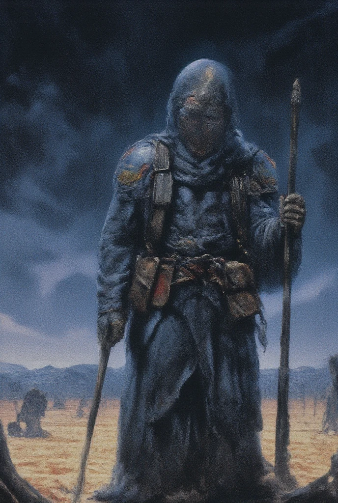 A cloaked figure stands in a stark desert landscape, wearing a white mask adorned with red horns and markings. The character is equipped with a spear in one hand and a large, loaded backpack on their back, featuring several pockets and gear. The figure’s attire, composed of layered fabrics and accessories, hints at a nomadic lifestyle. The background is a gradient of deep blues, suggesting twilight, contrasted by the light-colored sand dunes.
