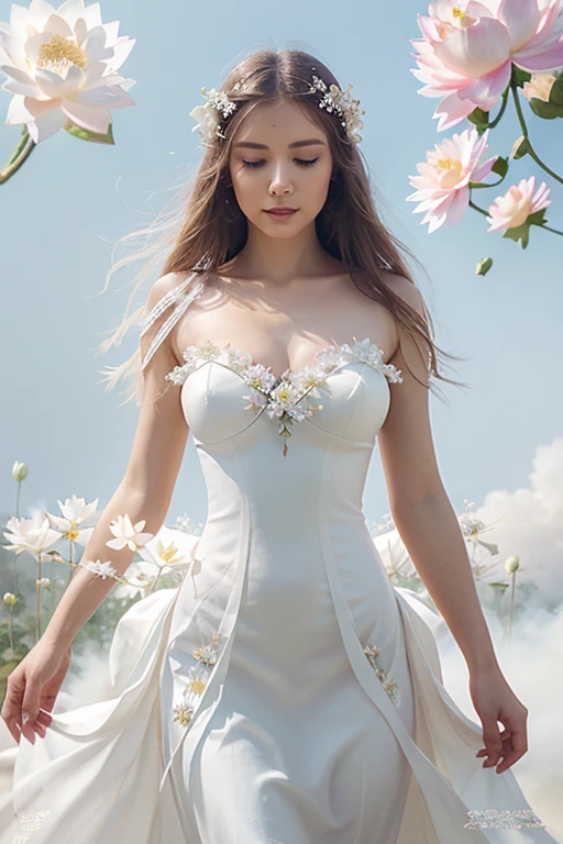 ((best quality)),((masterpiece)),(detailed),portrait of a flower fairy with butterfly wings gracefully dancing amid a vibrant sea of blossoms,ethereal and enchanting,gown made of delicate petals and leaves,butterfly wings with iridescent patterns,floral crown with vibrant blossoms,[Fantasy Art],(soft ethereal glow:1.2),(enchanted floral meadow backdrop:1.1),(4k resolution),(timeless fairy presence:1.1),Super huge breasts，Cleavage