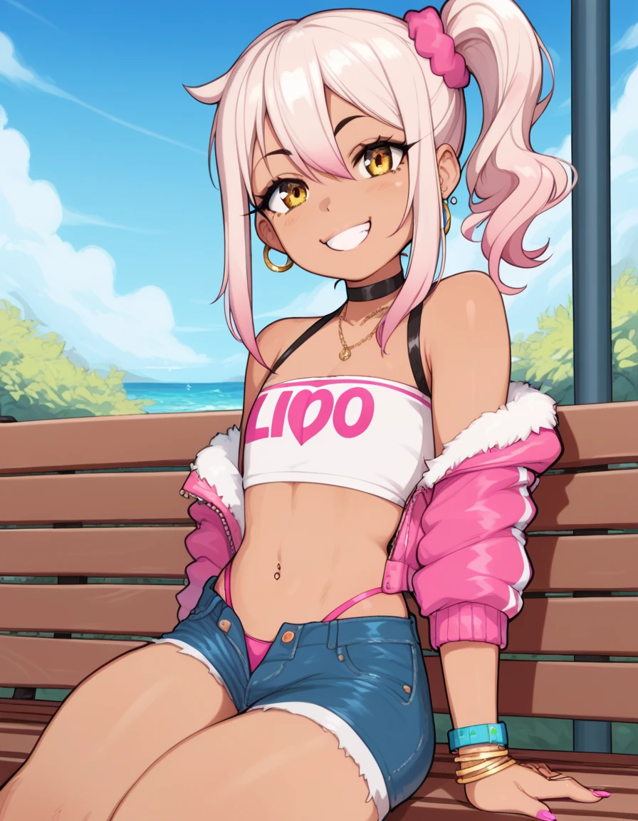 1girl,solo,smile,outdoor,midriff, pink tube top, denim hotpants, open fly, beld, gyaru clothes, thighighs,sitting,bench, chloe,dark_skinned_female,dark_skin,long_hair,pink_hair,yellow_eyes,hair_between_eyes,white_hair,bangs,flat chest,,half_updo,one_side_up, young girl, (loli:1.3), (afrobull), slender waist, nice hips, slut, side ponytail,