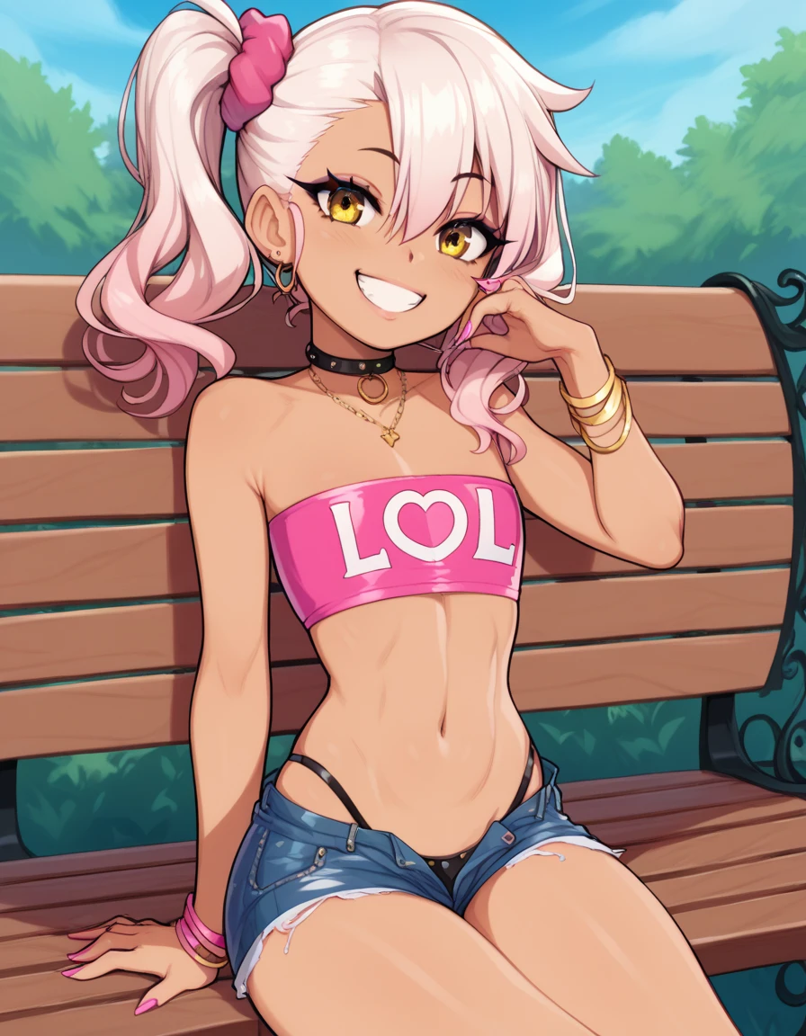 1girl,solo,smile,outdoor,midriff, pink tube top, denim hotpants, open fly, beld, gyaru clothes, thighighs,sitting,bench, chloe,dark_skinned_female,dark_skin,long_hair,pink_hair,yellow_eyes,hair_between_eyes,white_hair,bangs,flat chest,,half_updo,one_side_up, young girl, (**li:1.3), (afrobull), slender waist, nice hips, slut, side ponytail,