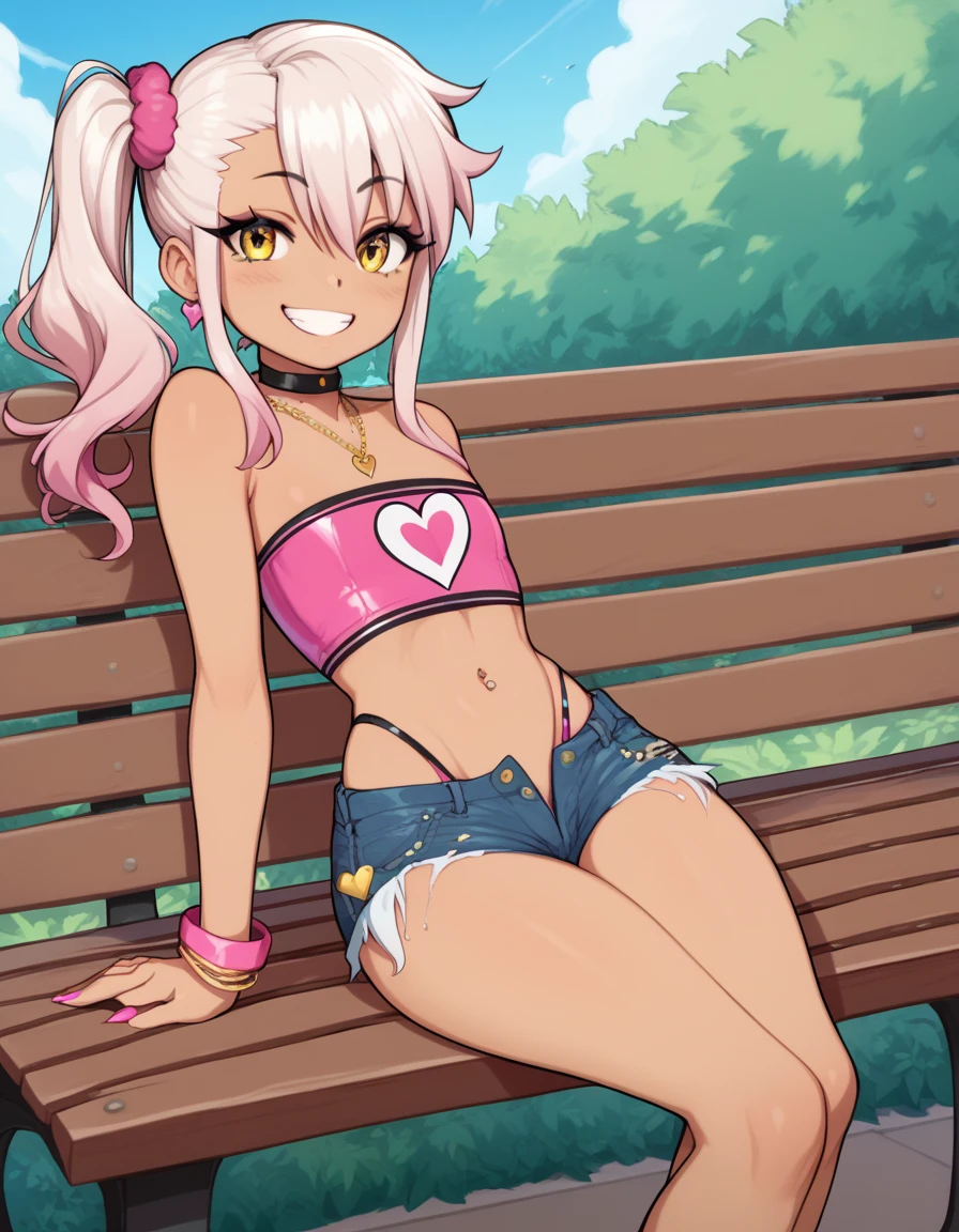 1girl,solo,smile,outdoor,midriff, pink tube top, denim hotpants, open fly, beld, gyaru clothes, thighighs,sitting,bench, chloe,dark_skinned_female,dark_skin,long_hair,pink_hair,yellow_eyes,hair_between_eyes,white_hair,bangs,flat chest,,half_updo,one_side_up, young girl, (loli:1.3), (afrobull), slender waist, nice hips, slut, side ponytail,