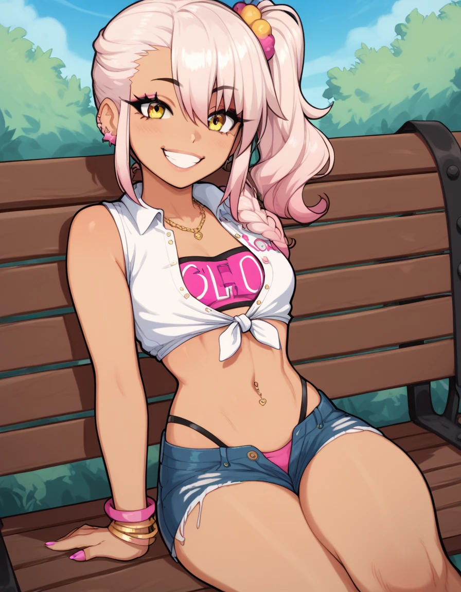 1girl,solo,smile,outdoor,midriff, pink tube top, denim hotpants, open fly, beld, gyaru clothes, thighighs,sitting,bench, chloe,dark_skinned_female,dark_skin,long_hair,pink_hair,yellow_eyes,hair_between_eyes,white_hair,bangs,small_breasts,,half_updo,one_side_up, young girl, **li:1.3, (afrobull), slender waist, nice hips, slut, side ponytail,