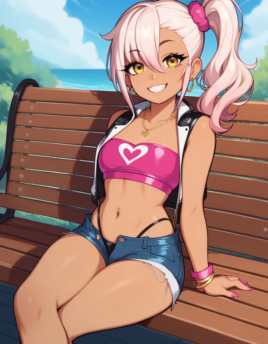 1girl,solo,smile,outdoor,midriff, pink tube top, denim hotpants, open fly, beld, gyaru clothes, thighighs,sitting,bench, chloe,dark_skinned_female,dark_skin,long_hair,pink_hair,yellow_eyes,hair_between_eyes,white_hair,bangs,small_breasts,,half_updo,one_side_up, young girl, loli:1.3, (afrobull), slender waist, nice hips, slut, side ponytail,