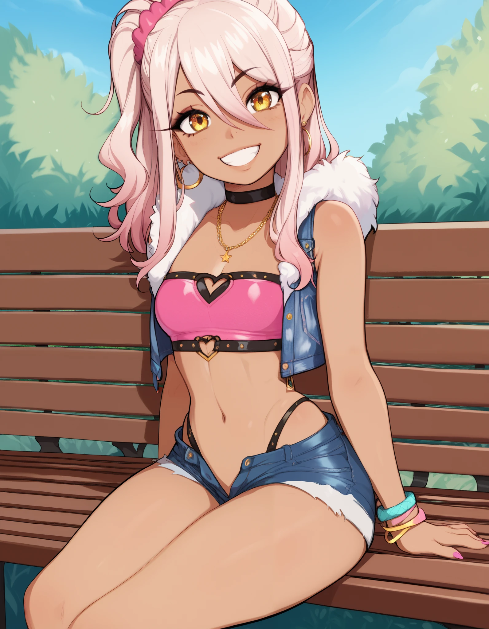 1girl,solo,smile,outdoor,midriff, pink tube top, denim hotpants, open fly, beld, gyaru clothes, thighighs,sitting,bench, chloe,dark_skinned_female,dark_skin,long_hair,pink_hair,yellow_eyes,hair_between_eyes,white_hair,bangs,small_breasts,,half_updo,one_side_up, young girl, loli:1.3, (afrobull), slender waist, nice hips, slut