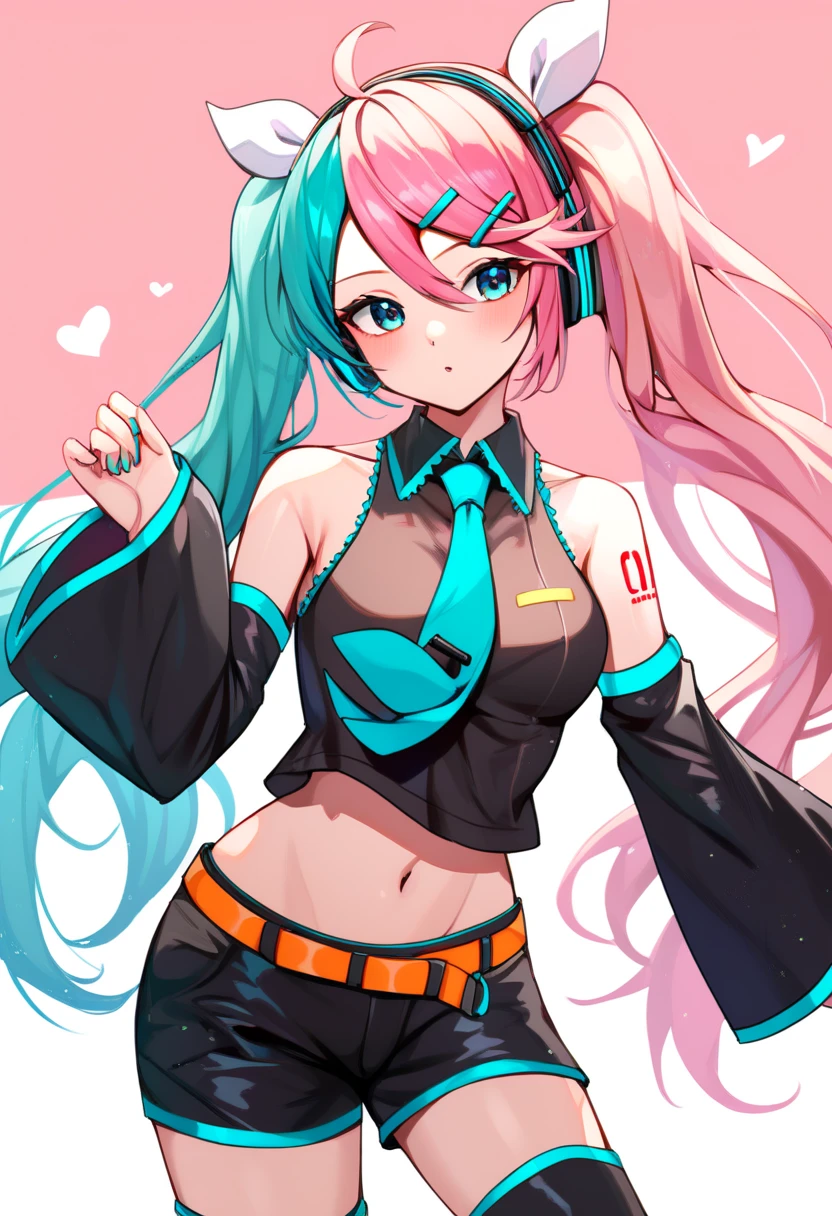 score_9, score_8_up, score_7_up,score_6_up, score_5_up, score_4_up , 1girl, solo, ((SPLIT-COLOR HAIR)), ((blonde hair)), ((aqua hair)), ((pink hair)), large breasts, luka megurine, blue eyes, headphones, long hair, pink hair,, arm warmers, armband, bare shoulders, black shirt, black skirt, crop top, midriff, navel, shirt, shoulder tattoo, single arm warmer, skirt, tattoo, hatsune miku, absurdly long hair,aqua hair,twintails,hair ornament,sidelocks,hair between eyes,parted bangs,aqua eyes, white shirt,collared shirt,bare shoulders,sleeveless shirt,aqua necktie,detached sleeves,black sleeves,shoulder tattoo,fringe,black thighhighs,miniskirt,pleated skirt,zettai ryouiki,thigh boots, kagamine rin, short hair,blonde hair,floating hair,white hairband,hair bow,white bow,hairclip,swept bangs,blue eyes, collarbone,bare shoulders,black sailor collar,white shirt,sleeveless shirt,crop top,midriff,yellow neckerchief,black sleeves,detached sleeves,medium breasts,navel,stomach,orange belt,fringe,short shorts,black shorts,leg warmers,white footwear, flirting, cowboy shot, simple background