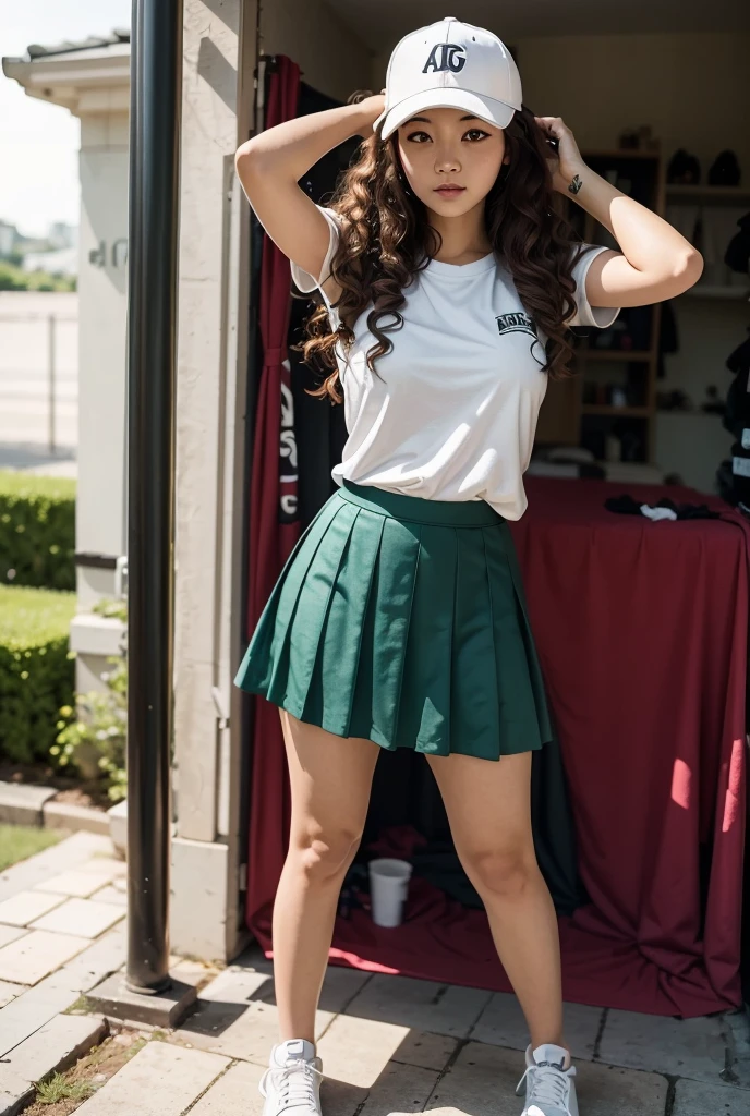 Curly Hair, Very Long Hair, Tube Shirt, Bare Shoulders, Big Shirt,1girl, High Resolution, (Showing Stomch), Korean Girl, petite, Detailed, Green Eyes, Box Pleats Skirt, Short Skirt, Baseball Cap, Sports Shoes,