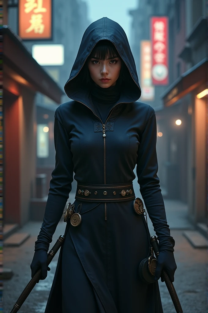 She wears a sleek, fitted bodysuit made from a dark, flexible material that allows for maximum mobility. The suit is a deep, matte black, designed to blend into shadows. It has a high collar and a hood that can be pulled up to conceal her face.Over the bodysuit, she wears a lightweight, armored vest with subtle, intricate patterns inspired by traditional Asian designs. The vest offers protection without sacrificing agility.Her gloves are fingerless, allowing for better grip and dexterity with her weapons. They are reinforced at the knuckles and wrists.Mei Lin’s pants are similarly dark and fitted, with a series of discreet pockets for carrying tools and small weapons. They tuck into sturdy, flexible combat boots that are both silent and durable.To complete her outfit, she has a sash that wraps around her waist, which holds her katanas in custom sheaths. The sash is adorned with delicate embroidery, showcasing her heritage and adding a touch of elegance to her otherwise utilitarian gear.This outfit merges traditional elements with modern practicality, making Mei Lin both a formidable assassin and a symbol of her cultural background.