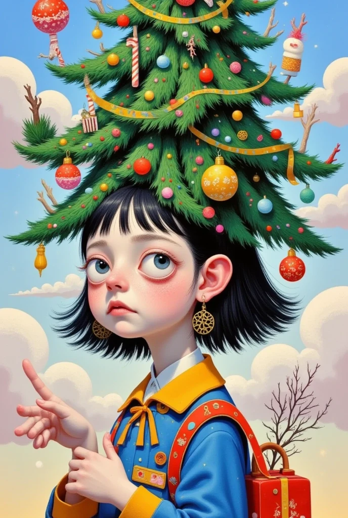  a painting of a girl with a Christmas tree hanging on her head,  by Victor Nizovtsev , author：Qingdao Chiho, Magic Tree,  was inspired by Jacek Yerka , author：Inoue Naohisa , Illustration Art,  magical realism bizarre art,  Yamagata Hiroshi , author Jung Park, author：Nobutada Yanagawa