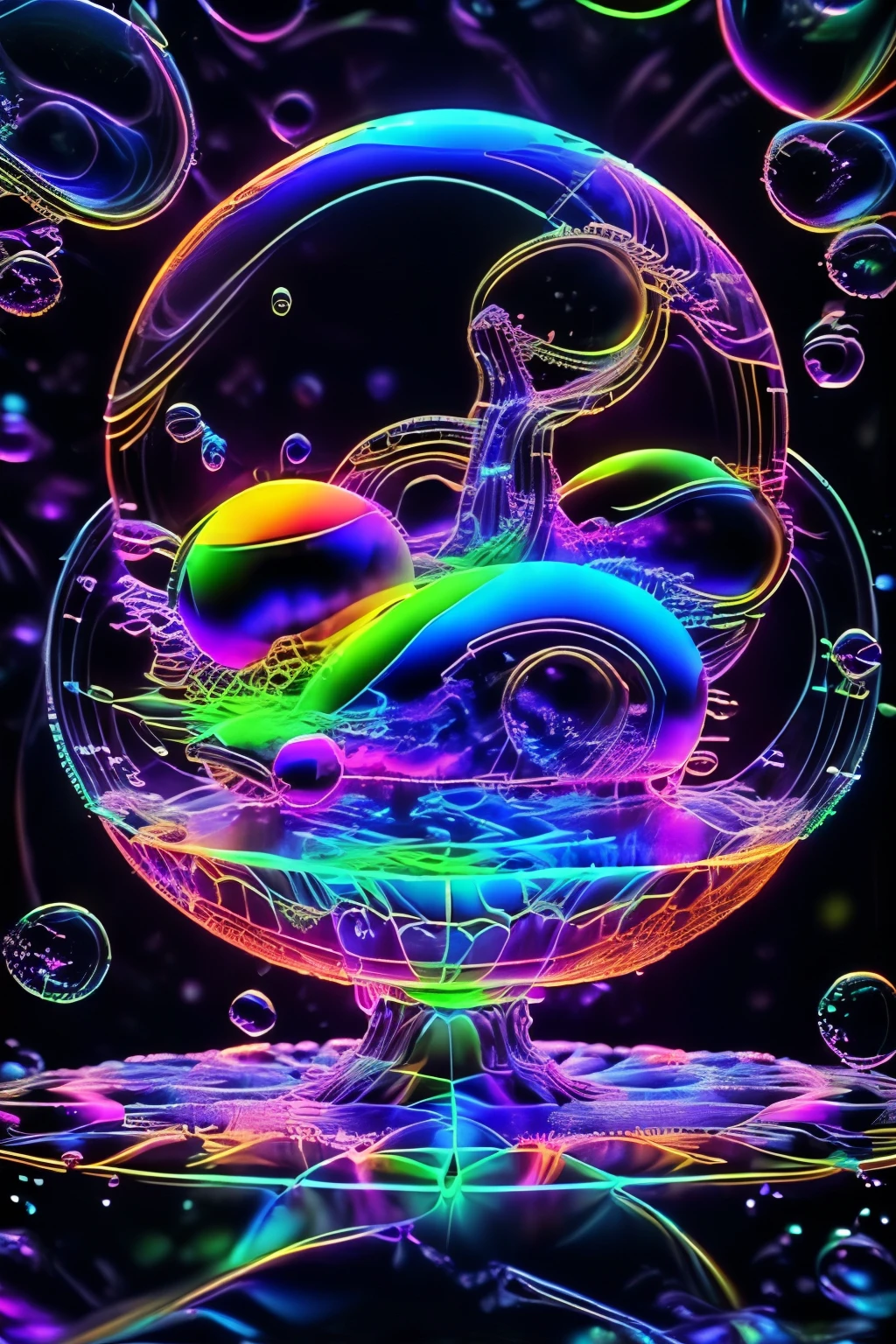 A spiraling vortex of beautiful bubbles of different neon colors swirling over and under each other, LSD, DMT imagery, psychedelic droplets of water, abstract liquid, and intricate rainbow art. octane render, black 3d fluid simulation,ethereal bubbles, swirling multicolored liquids against a pitch black background and highly detailed, octane render, reflective rainbow bubbles, twisted colors inside of glass spheres, Psilocybin Dream inside an amazing image of light emerging from colors in a shimmering glass morphing out of colors, bright neon and fluorescent colors,very bright, vibrant colors, perfectly formed and symmetrical reflective bubbles and spheres, attention to detail with these beautiful bubbles and spheres, Extreme Hallucinations in a gorgeous piece of  psychedelic digital artwork, Stunning, pixel art, tripped out colors, 4d mandelbulb psychedelics, glass like psychedelic landscape, intricate rainbow environment, psychedelic underwater brightness and glow with neon colors, glowing colors twist inside of translucent glass spheres and bubbles with light and color reflecting off of both in bright fluorescent colors, psychedelic trip, fluorescent and neon aesthetic, psychedelic vibrant colors, bright psychedelic paint splattered backgrounds,swirling spirals and vortex, bright vibrant colors popping out from 3d glass spheres, Rotational Symmetry, Pixel Assets, Portrait photography, Surrealism, Photorealistic, Hyperdetailed, Glass Morphism, Digital Art, Sparkle, Optical Illusion, Glowing Light, Reflective Light, Overexposure, Backlighting, Depth Of Field, Spheres and bubbles show perfect Symmetry, UHD, High Details, High Quality, Super Detailed, Full Focus, Awe inspiring,  Breathtaking, Indescribably Beautiful, Heaven sent images, Best Quality, Award Winning, Masterpiece. psychedelic droplets of water, abstract liquid, and intricate, octane render, black 3d fluid simulation,  