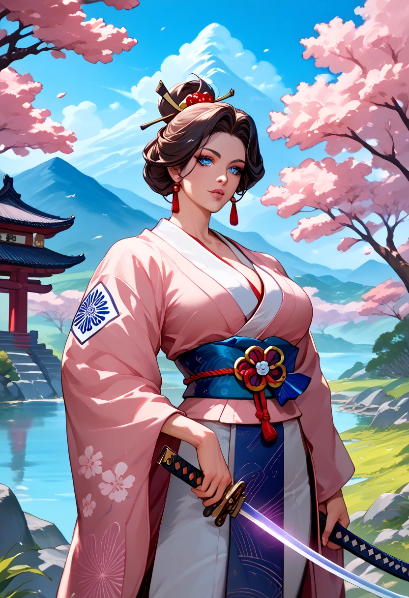 score_9, score_8_up, score_7_up, score_6_up, score_5_up, score_4_up, BREAK source_anime, masterpiece, large breasts,Create an image in ink wash painting style depicting a female character dressed as a traditional Chinese heroine from ancient times. She is wearing elegant, flowing robes with intricate patterns, holding a sword gracefully. The background features traditional Chinese elements like misty mountains, bamboo, and cherry blossoms, creating a serene and mystical atmosphere ,
