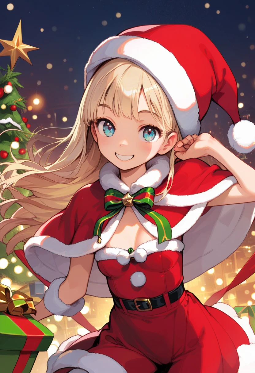 masterpiece, best quality, score_9, score_8_up, source_anime, girl, (ite), smile, santa costume,