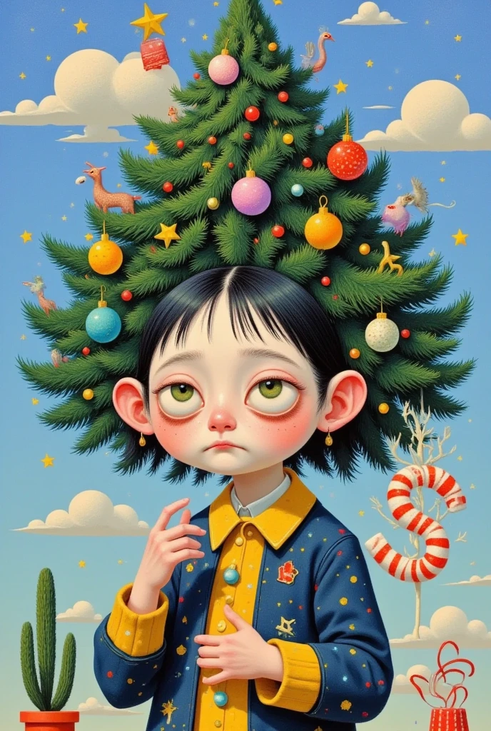  a painting of a girl with a Christmas tree hanging on her head,  by Victor Nizovtsev , author：Qingdao Chiho, Magic Tree,  was inspired by Jacek Yerka , author：Inoue Naohisa , Illustration Art,  magical realism bizarre art,  Yamagata Hiroshi , author Jung Park, author：Nobutada Yanagawa