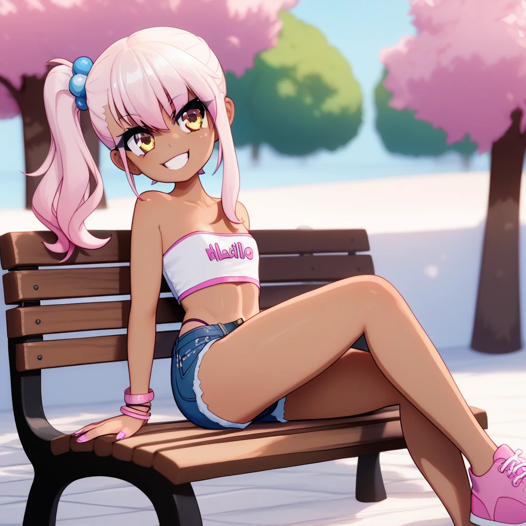 1girl,solo,smile,outdoor,midriff, pink tube top, denim hotpants, open fly, beld, gyaru clothes, thighighs,sitting,bench, chloe,dark_skinned_female,dark_skin,long_hair,pink_hair,yellow_eyes,hair_between_eyes,white_hair,bangs,flat chest,,half_updo,one_side_up, young girl, (loli:1.3), slender waist, nice hips, slut, side ponytail, cameltoe, thong.