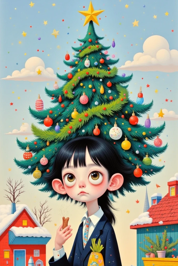  a painting of a girl with a Christmas tree hanging on her head,  by Victor Nizovtsev , author：Qingdao Chiho, Magic Tree,  was inspired by Jacek Yerka , author：Inoue Naohisa , Illustration Art,  magical realism bizarre art,  Yamagata Hiroshi , author Jung Park, author：Nobutada Yanagawa