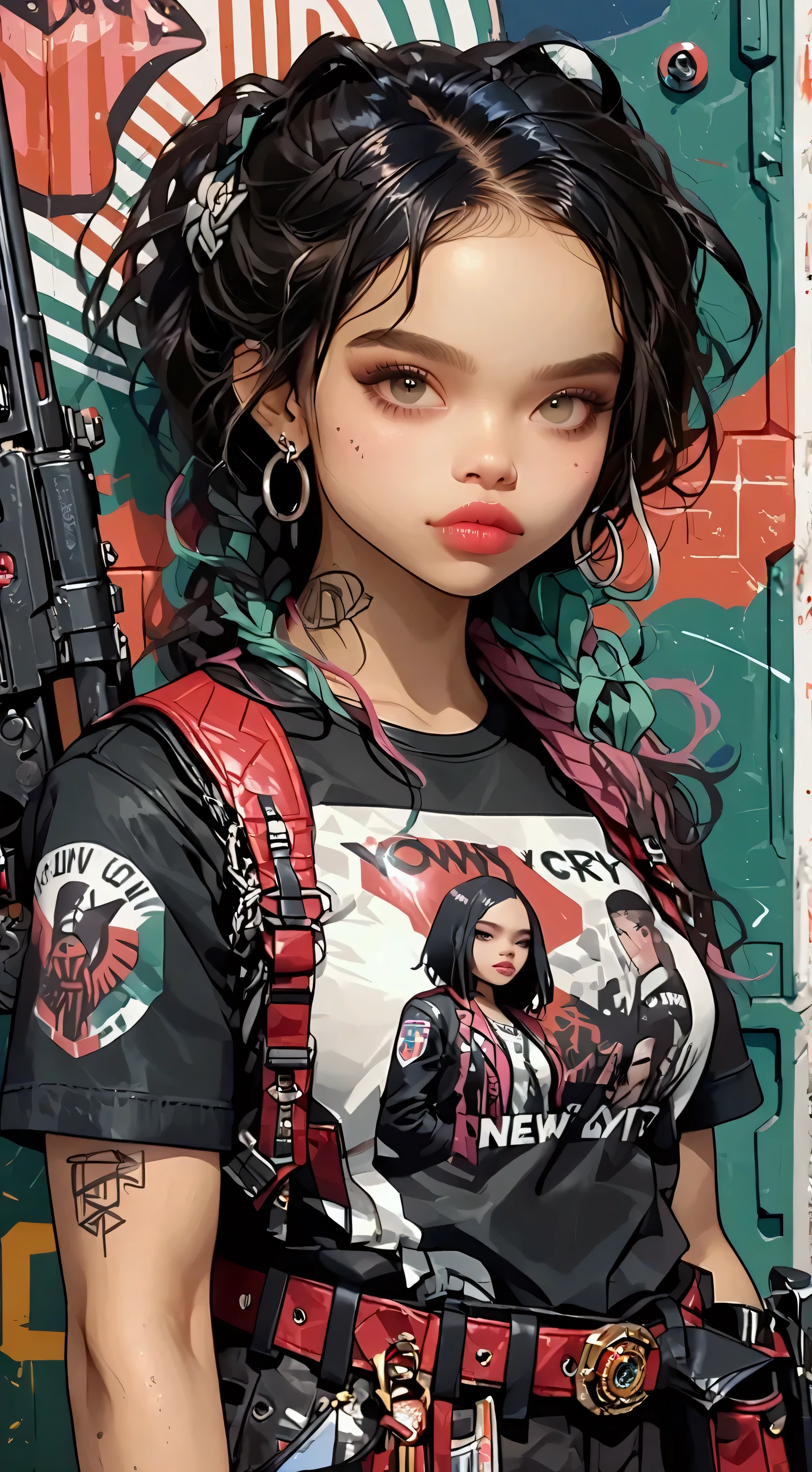  Focused on New York City , isometric,  Graffiti illustration by Zoë Kravitz, colorful and very detailed ,  ready to print on vector t-shirt , wearing military uniform,  holding rifle,  face, vibrant color,  high detail 