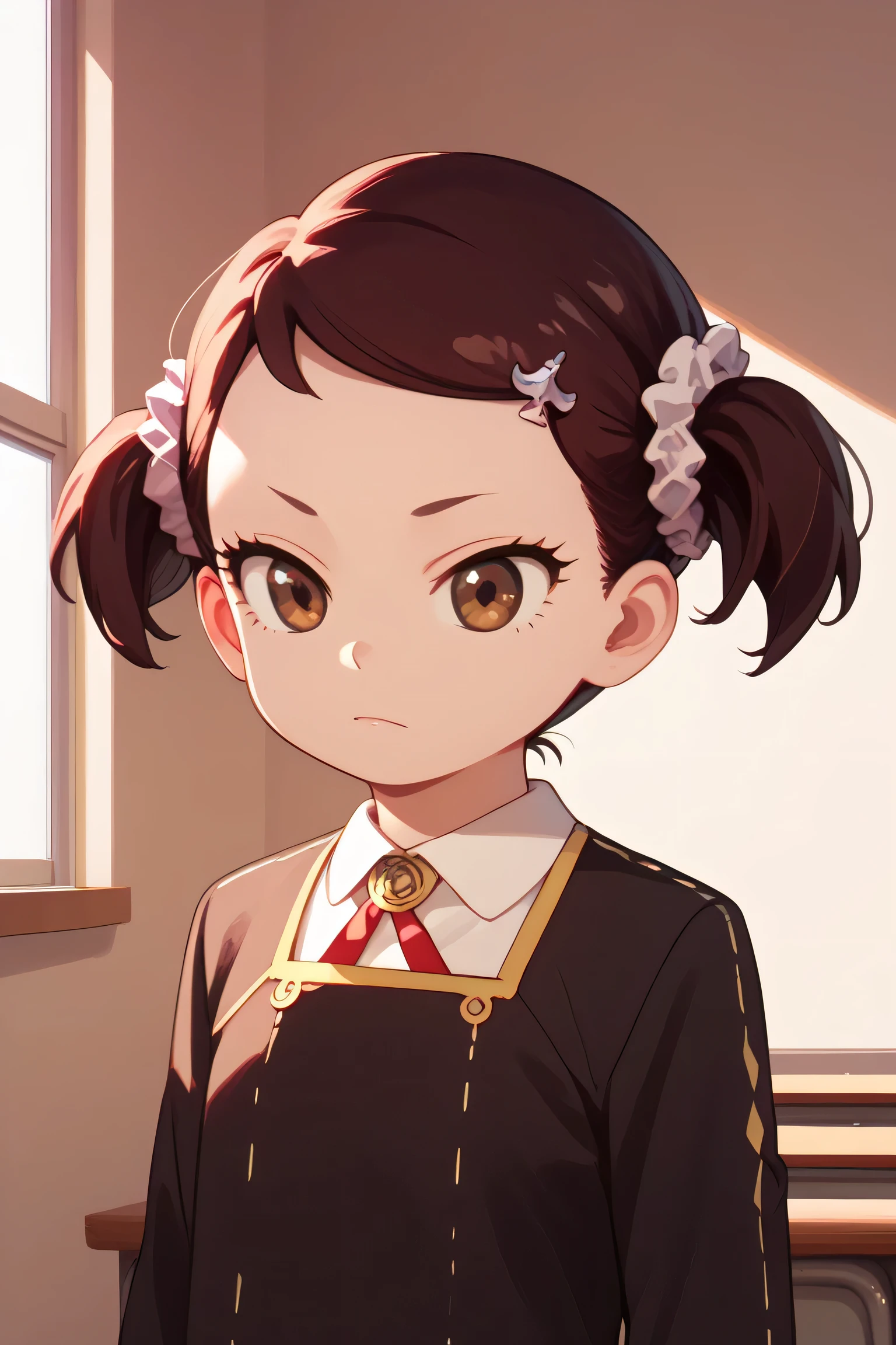 masterpiece,best quality,amazing quality, becky blackbell, female , , brown hair, brown eyes, short twintails, 1girl, school uniform, eden academy school uniform, twintails, solo, hair ornament, indoors, shirt, scrunchie, upper body