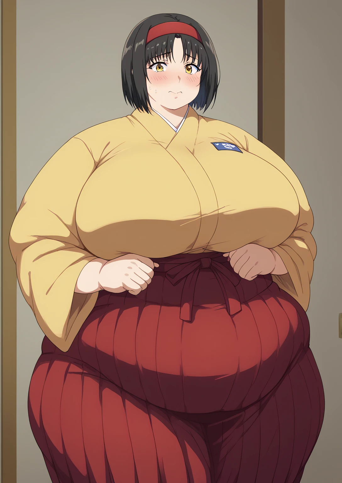 Erika, Erica,    yellow eyes  ,  Black Hair,  red headband,   short hair,  yellow kimono, Boobs are not exposed,   Long Sleeve  ,  red hakama, score_9,   score_8_ up,   score_7_ up,   score_6_ up,   score_5_ up,   score_4_ up,     masterpiece   ,   top quality,     very aesthetic  ,    absurd,    source_Anime, Anime screencap,    one woman , Alone,   personal   ,  Super huge breasts, (((S uper huge クレビス, Super huge , Super huge boob))), Curvy,   in her 20s,  Mature Woman,   obese , ,  troubled expression, ssbbw,  embarrassed expression, Japanese-style room, Japanese sweets, A woman who eats a lot