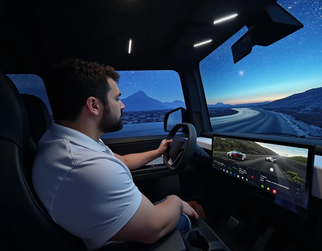 a photography od interiorcybertruck, (interiorcybertruck:1.5), seen from behind, (car interior:1.5), the driver is a bearded man with light white skin and short curly hair, wears a white polo, he is focused on the road ahead. The dashboard features a sleek, modern design with a central infotainment screen displaying a scenic landscape. The car's interior is illuminated by soft, ambient lighting, Outside, cerrodelasilla, (cerrodelasilla:1.5), winding road is flanked by mountains under a starry night sky. The image captures a wide-angle view from the driver's perspective, emphasizing the car's advanced technology