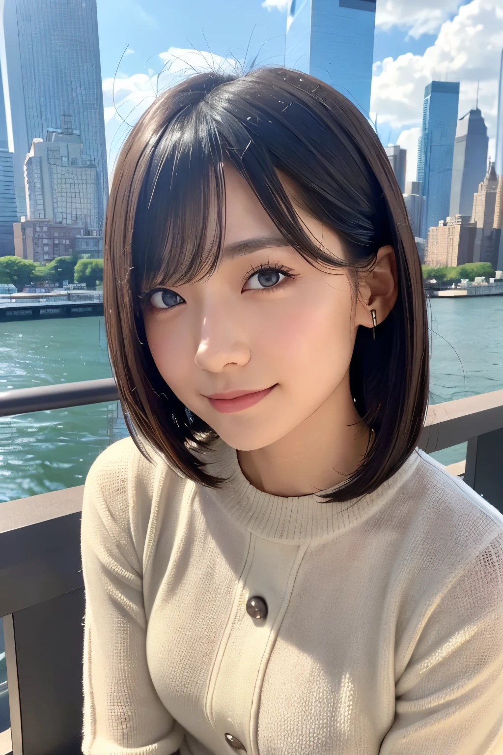 ((( face close-up )))、((( brown, Up to the shoulders, Straight Short Bob)))、((( You can see the New York skyline in her background、 poses like a model in a beauty salon。.)))、(((Casual black long sleeve winter clothing)))、Half Japanese、Half Korean 、18-year-old girl、independent、Expectations、light eye makeup、 brown Hair Color、flat 、 Hair Fluttering in the Wind 、Quality of actress、Sparkling, Ultra Realistic Faces 、smile、Bloodshot eyes、 looks up、Subtle Lighting Effects 、 Ultra-realistic capture、 very detailed、 high-resolution 16K human skin close-up 。 The texture of the skin is 、 POSE LIKE A MODEL AT THE HAIRSALON 、For more details、 must be clear enough to identify pores .、The skin is healthy、 must always have a uniform tone、 use natural light and color 、 classic high quality image taken by a model agency'Exclusive photographer、smile