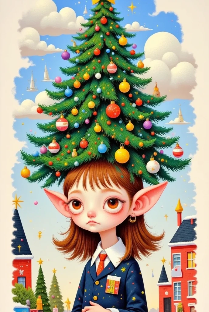  a painting of a girl with a Christmas tree hanging on her head,  by Victor Nizovtsev , author：Qingdao Chiho, Magic Tree,  was inspired by Jacek Yerka , author：Inoue Naohisa , Illustration Art,  magical realism bizarre art,  Yamagata Hiroshi , author Jung Park, author：Nobutada Yanagawa