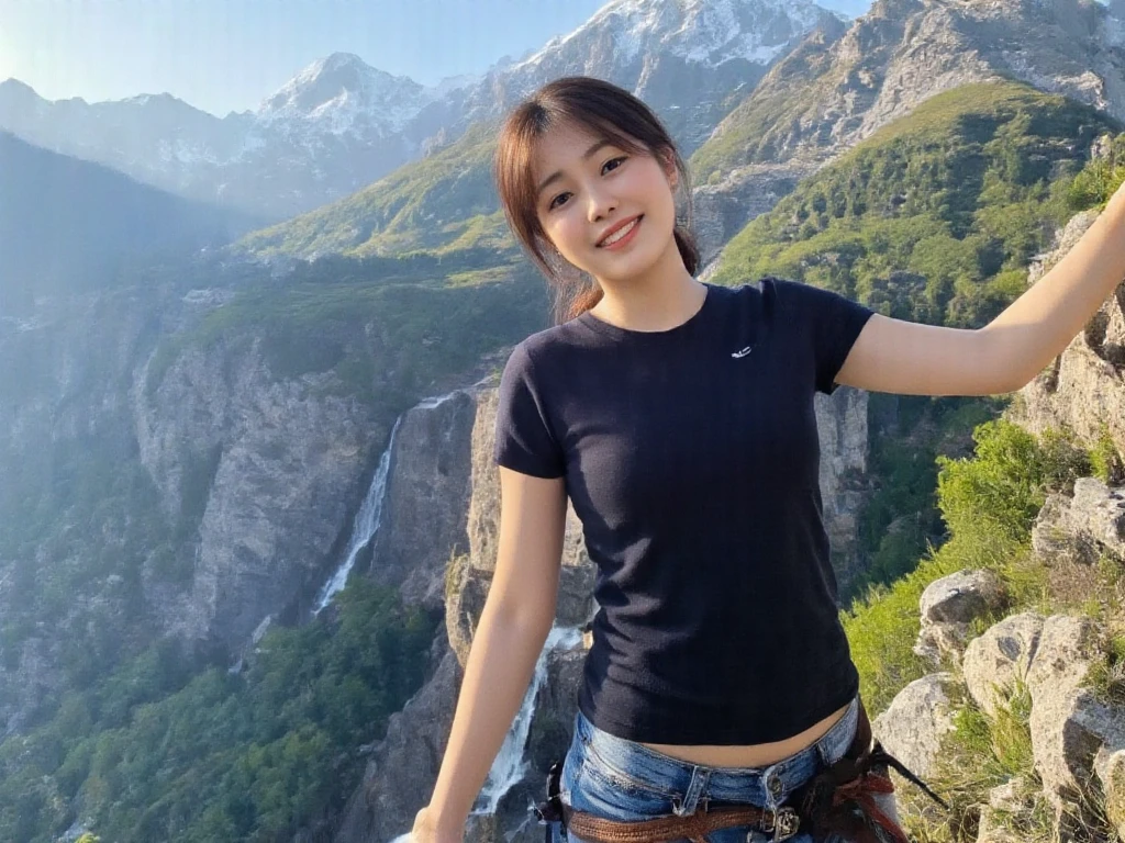 smiling woman enjoying mountain climbing against the backdrop of magnificent nature, earrings