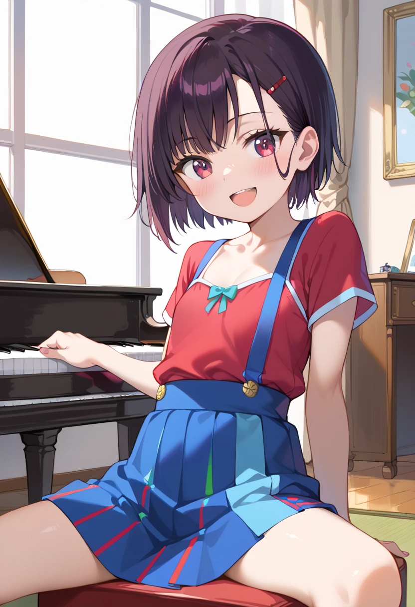 (( top quality )), ((masterpiece)), (be familiar with),  perfect face, indoor, bedroom,  Watching Viewers ,
One woman, Mikazuki Kan,
 open mouth,  ecstatic expression beside the piano, blush, smile,
 small ,  flat chest, Young girl, Lori,  kids,  girl,
Short Hair,  short hair,
Leg spread,