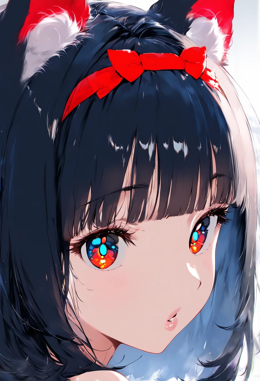 1girl,solo,close up, bangs, parted lips, blunt bangs, black hair, lips, portrait, medium hair, blue eyes, looking at viewer, cute, high detailed, eyelashes, red hairband, breast, long fox ears, orange pupils, soft red eyes, animal_ears_fluff, upper body,masterpiece