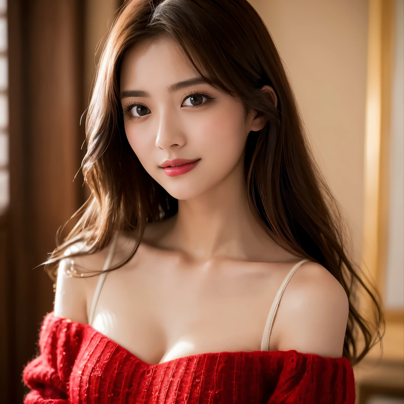 (highest quality、table top、8k、best image quality、Award-winning work)、(one young girl, :1.1)、(Perfect V-neck red long knit sweater:1.3)、red eyeshadow、perfect makeup、long eyelashes、Super high-definition sparkling eyes、ultra high definition hair、ultra high resolution glossy lips、Super high resolution cute face、brown hair、big breasts、cleavage、look at me and smile、accurate anatomy、close up of face、Luxury love hotel、(The most moody warm lighting:1.1)、blurred background, Random body orientation,