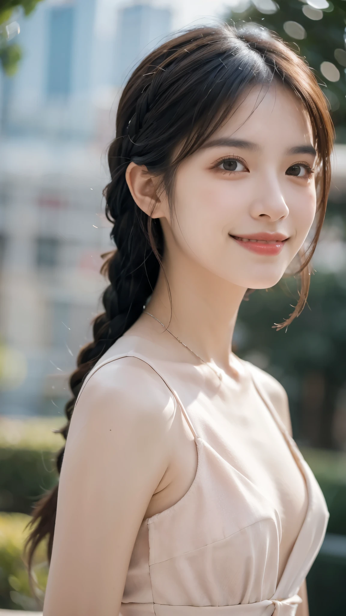 ((Highest quality, 8K, masterpiece: 1.3)), sharp: 1.2, Perfect Body Beauty: 1.4, ((Layered Hairstyles, Big Breasts: 1.5)), street: 1.2, Highly detailed face and skin texture, fine grain, double eyelid, Long black hair, Not tying hair, Turning his back, Butt, Lower Body, Thighs, Slender, pants, Tube top bra, outer, Wet and shiny lips, Showing armpits, Lace pattern, Look Up, smile, Looking back here, The gaze is directed this way, plump