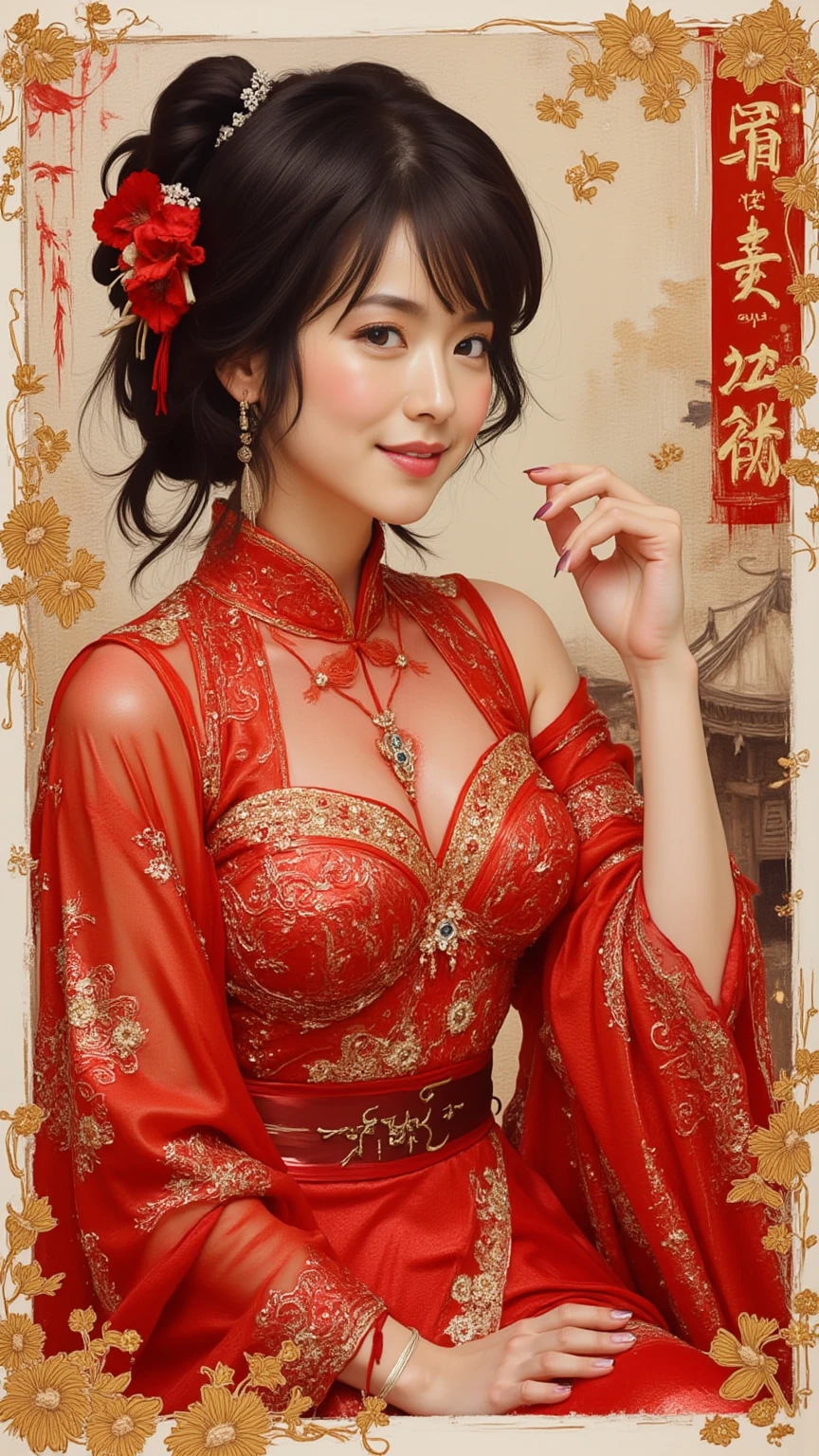 Intaglio print, from chest up, On table, Top quality, very detailed, realistic, Very smooth skin, perfect anatomy, (1 mature Japanese woman), 45 years old, Big breasts, mature career woman in red wedding dress, charismatic , sexy, whitish skin color, looking at me