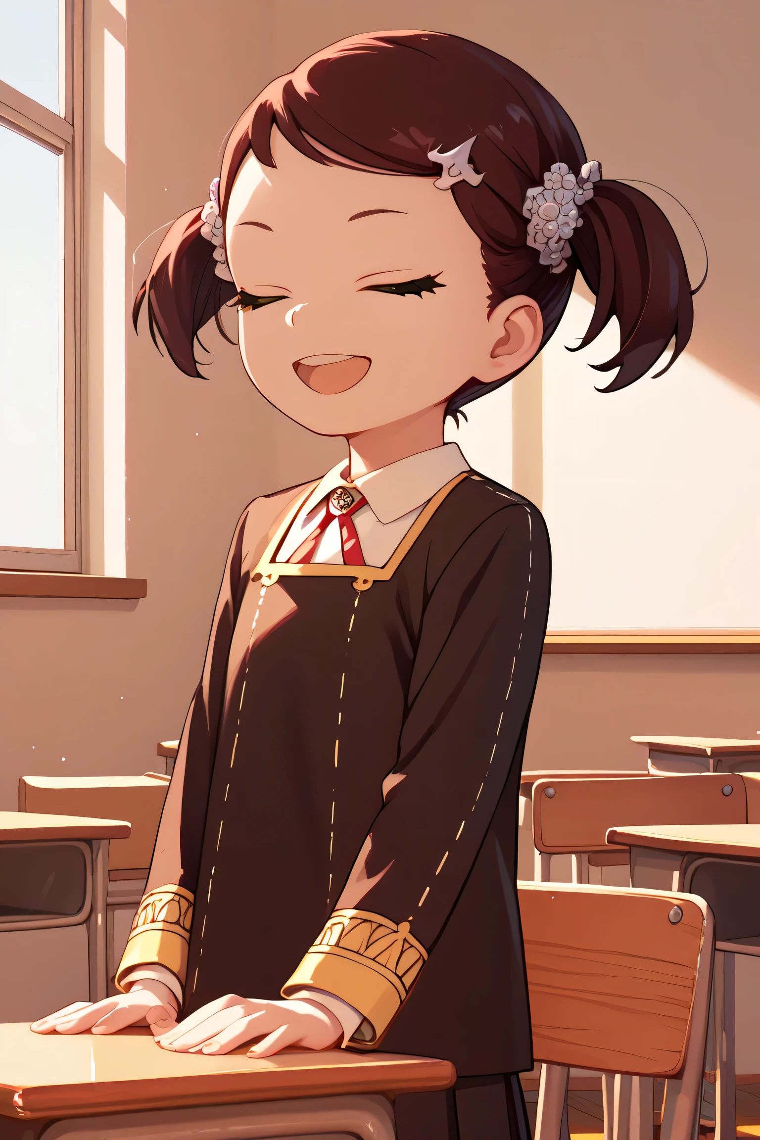 score_9, score_8_up, score_7_up, source_anime,becky blackbell, female , , brown hair, short twintails, 1girl, closed eyes, school uniform, twintails, eden academy school uniform, solo, smile, hair ornament, classroom, open mouth, chair, indoors