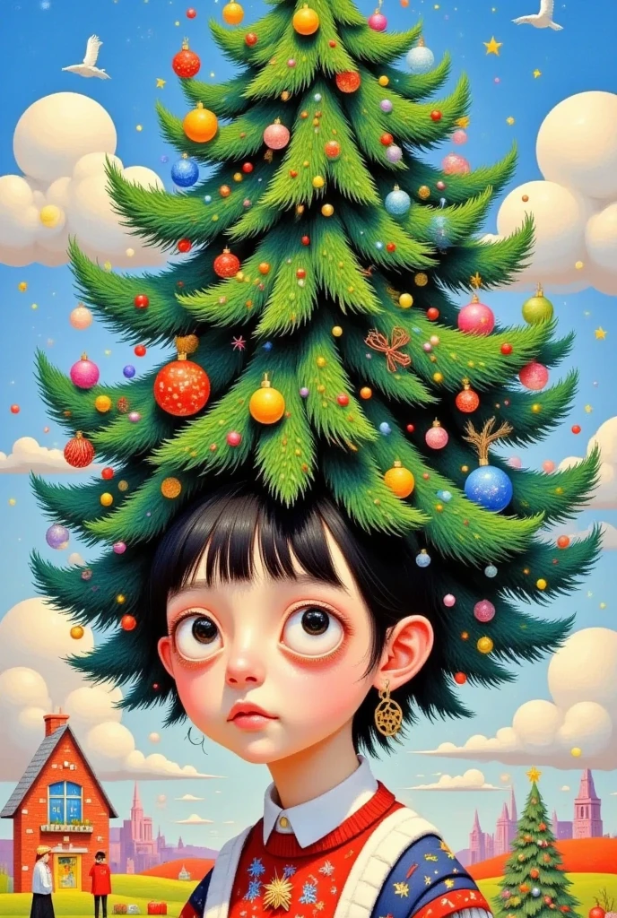  a painting of a girl with a Christmas tree hanging on her head,  by Victor Nizovtsev , author：Qingdao Chiho, Magic Tree,  was inspired by Jacek Yerka , author：Inoue Naohisa , Illustration Art,  magical realism bizarre art,  Yamagata Hiroshi , author Jung Park, author：Nobutada Yanagawa