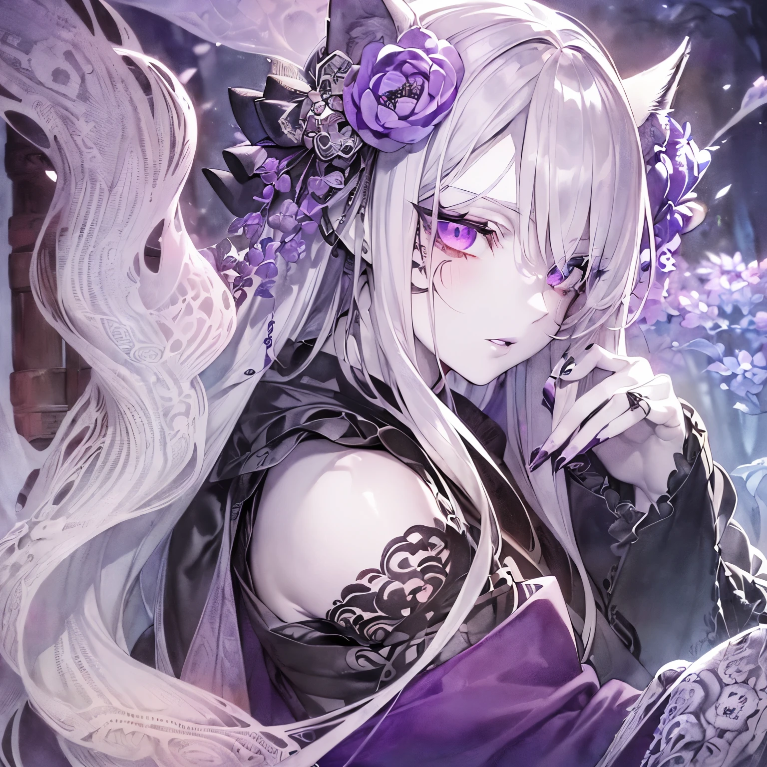 Anime girl with long white hair and purple eyes in a purple dress ...
